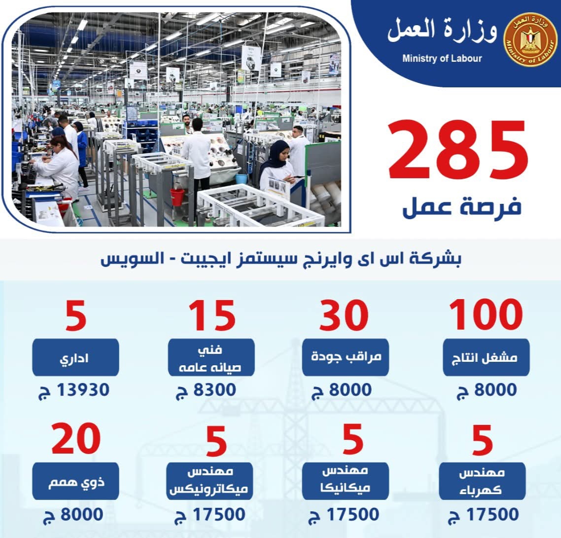 وزارة العمل تعلن عن 285 فرصة عمل جديدة بشركة «إس آي وايرنج سيستمز إيچبت» بالسويس برواتب تصل إلى 17,500 جنيه 1 IMG ٢٠٢٥١٠٢١ ١٧٠١٥٨